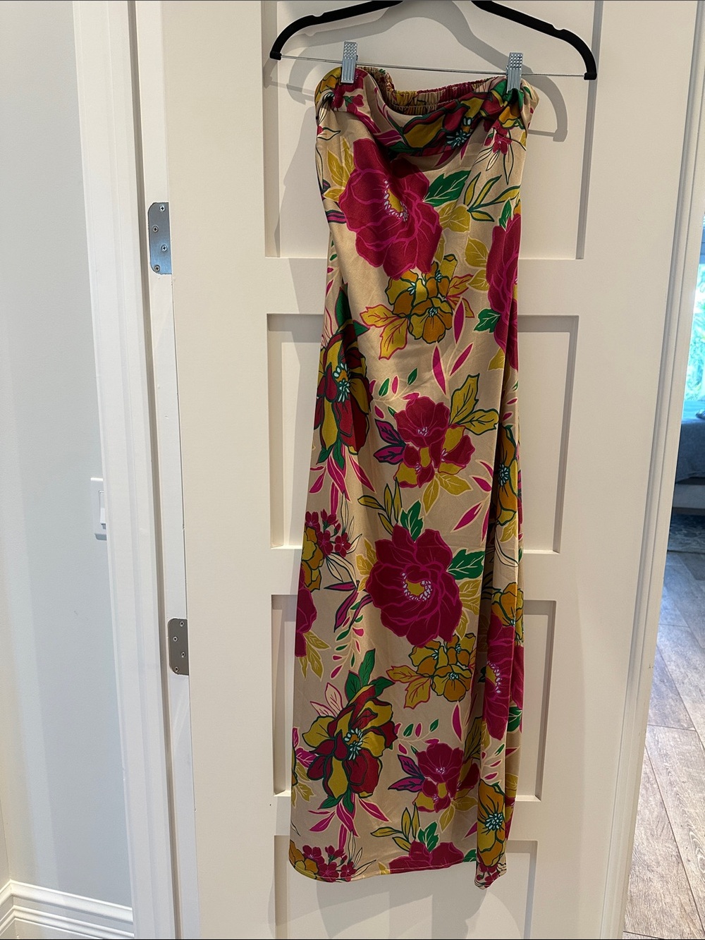 Sincerely Jules Beige Strapless Maxi Dress with Pink Floral Print